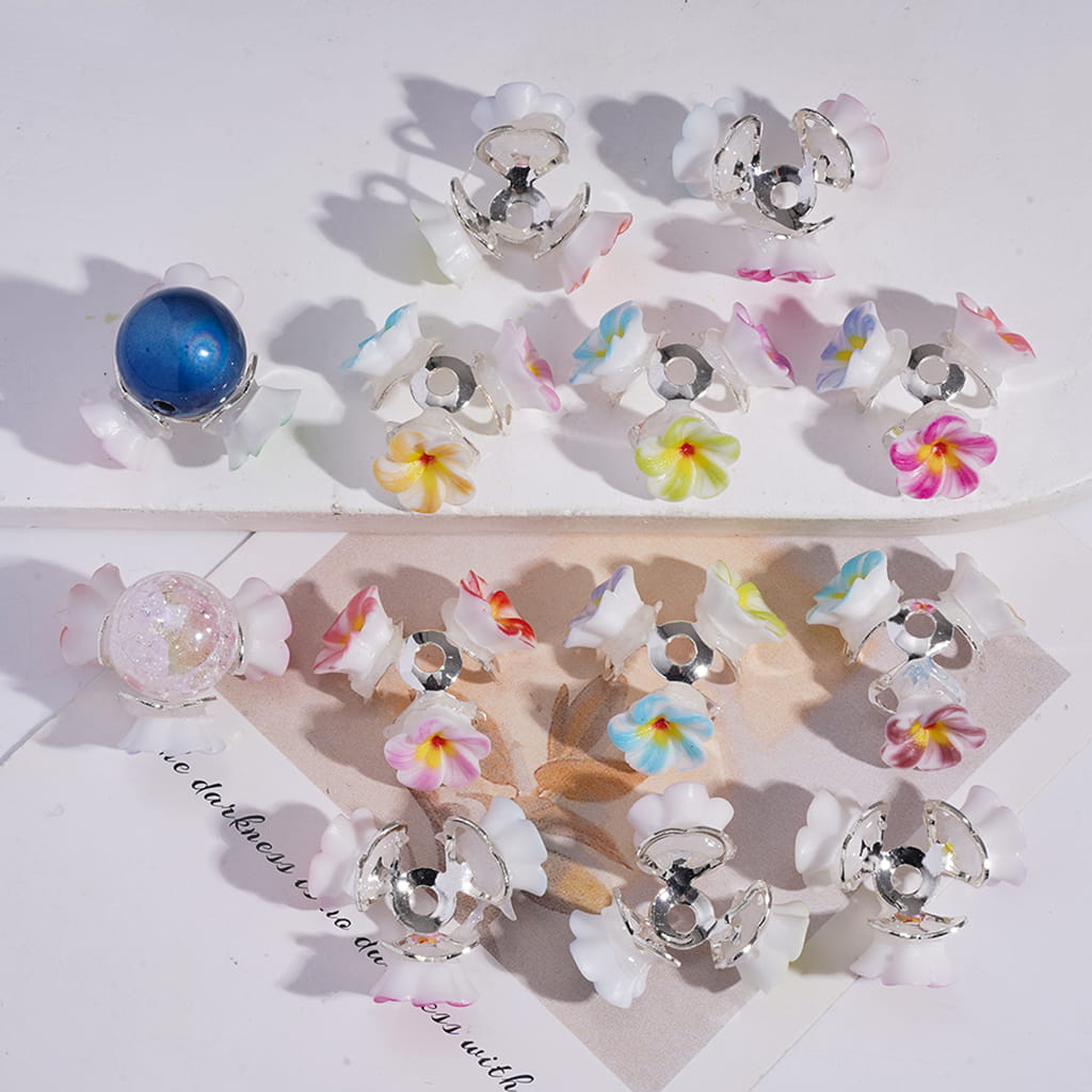 Alloy Silver Five-Petaled Flower Cage Bead Cap Set Random Mix (They Fit 14MM Beads)