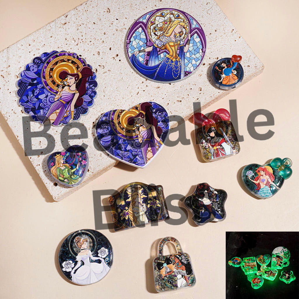 Luminous Classic Pretty Princess Character Series with Glitter Acrylic Beads and Pendants, Stained Glass Style, Random Mix