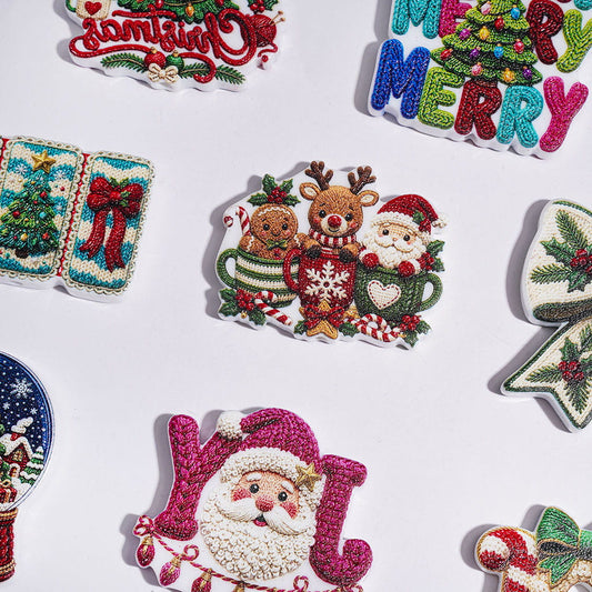 Festive Soft Knit Look Christmas Tree, Santa Claus, Crystal Ball, Gingerbread Man, Reindeer & Bowtie Frosted Acrylic Beads, Random Mix