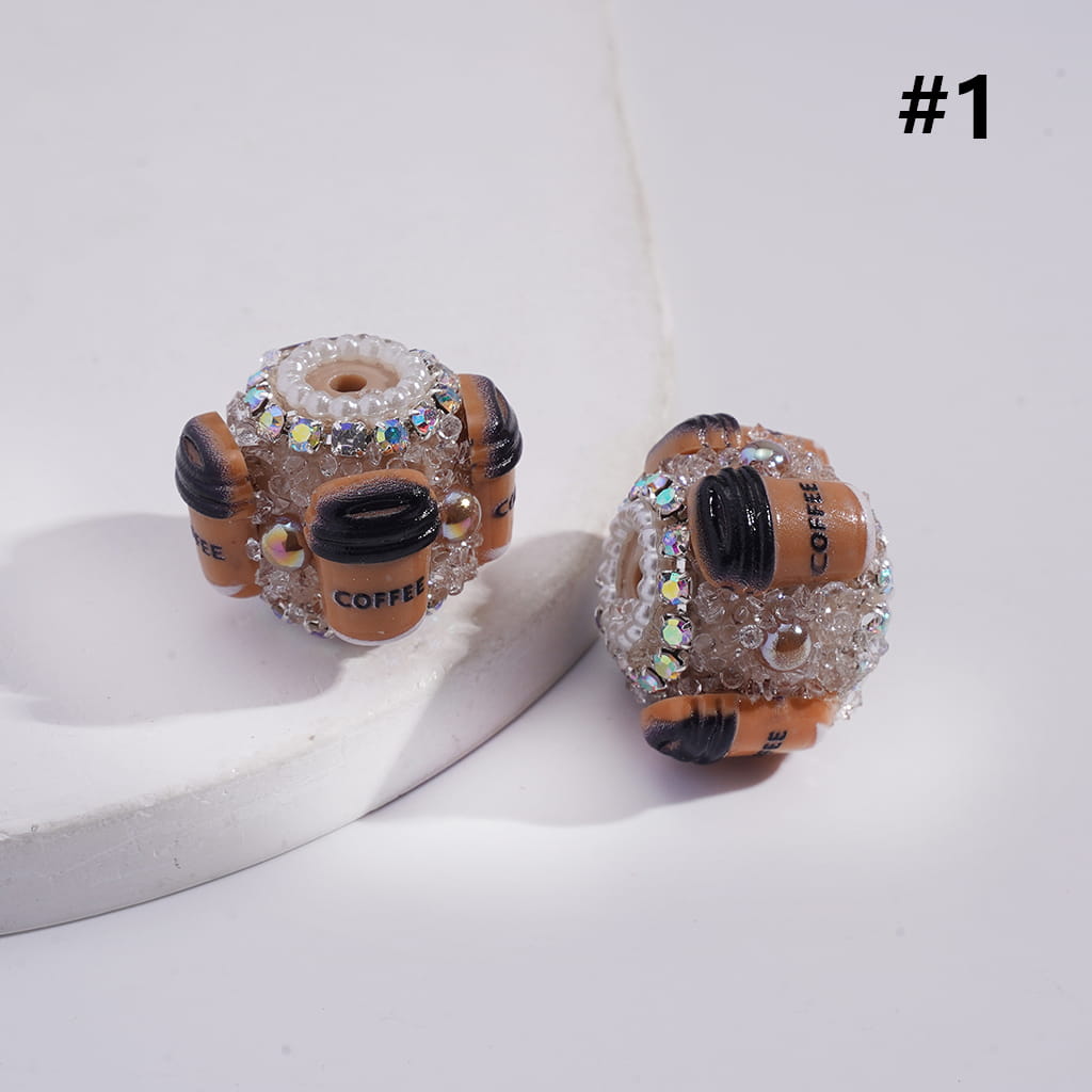 Sugar Acrylic Beads w Coffee Cup & Brown Half-Shell Pearls, AB Rhinestones White Pearls Chains, 20MM, Multi-Color