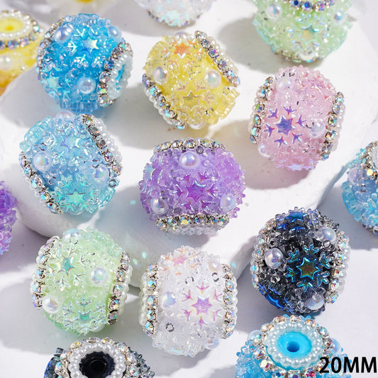 Sparkling Snowflake & Star Sugar-Style with Cone Rhinestones, Half-Shell White Pearls & Pearl Chains Handmade Acrylic Beads, 20MM, Multicolor