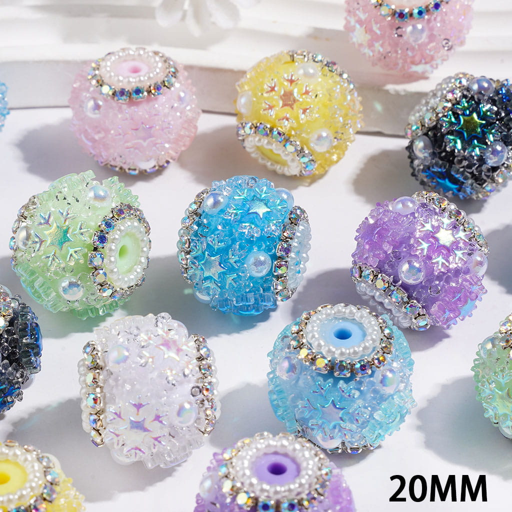 Handmade Acrylic Sugar Beads with Cone Shaped Rhinestones, UV-Coated Snowflake Star and Half-Shell White Pearl, AB Rhinestone and White Pearl Chains, 20MM Multi-Color