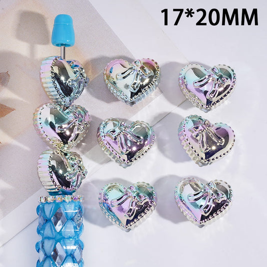 Metallic Silver Laser Galaxy Iridescent Holographic Acrylic Heart with Bow Bead, 17*20MM