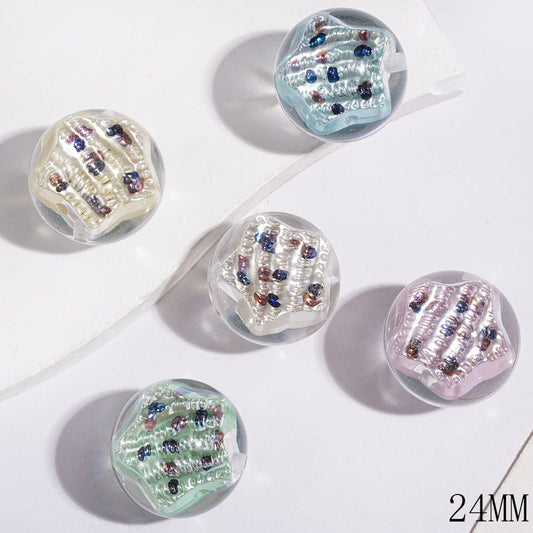 Transparent Star Shell-Flake with Colorful Dotted Pattern Round Acrylic Beads For Bracelets, 24MM, Multi-Color Random Mix