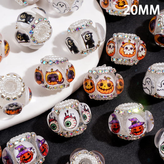 Spooky Halloween Theme Print Handmade Acrylic Beads with Clear Rhinestones, AB Rhinestone & White Pearl Trim, 20MM