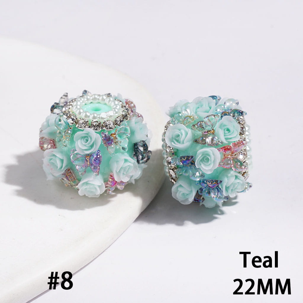 Handmade Acrylic Beads with Rose Flower Gradient Butterfly, Clear Rhinestone and White Pearl Chains, 22MM Multi-Color (Please Read the Description)