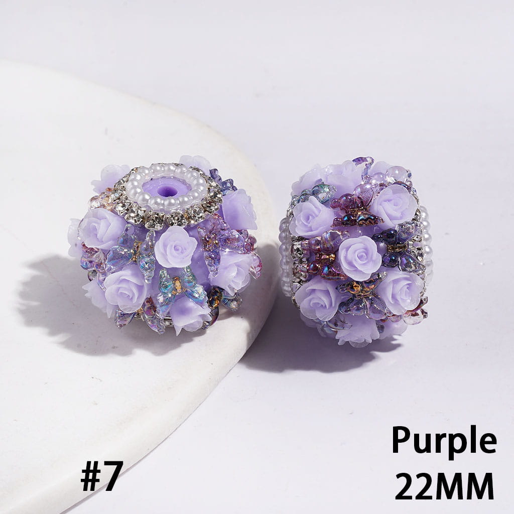 Handmade Acrylic Beads with Rose Flower Gradient Butterfly, Clear Rhinestone and White Pearl Chains, 22MM Multi-Color (Please Read the Description)