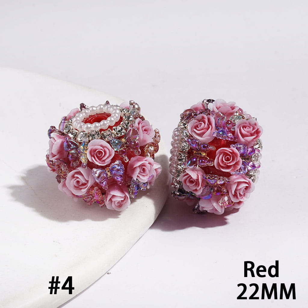Handmade Acrylic Beads with Rose Flower Gradient Butterfly, Clear Rhinestone and White Pearl Chains, 22MM Multi-Color (Please Read the Description)