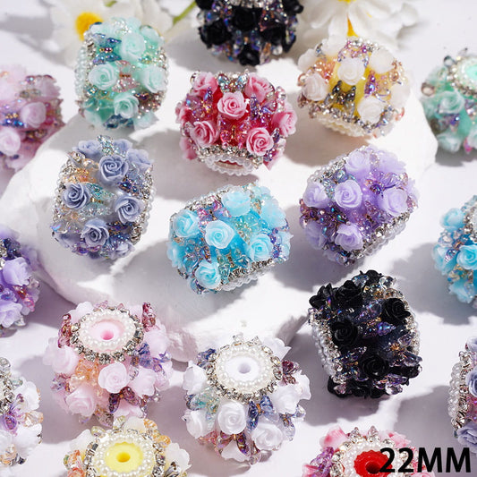 Elegant Rose Flower Gradient, Butterfly, Clear Rhinestone & White Pearl Chain Handmade Acrylic Beads, 22MM, Multicolor Random Mix (Please Read the Description)