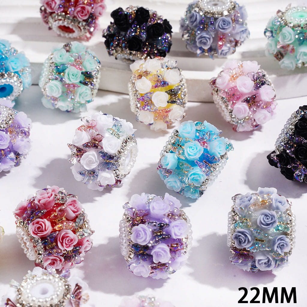 Handmade Acrylic Beads with Rose Flower Gradient Butterfly, Clear Rhinestone and White Pearl Chains, 22MM Multi-Color (Please Read the Description)