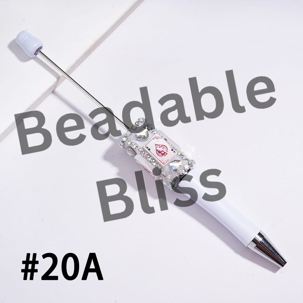 Beadable Pens w Poker-Themed Cute Cat Character Print, Shiny Clear Heart Rhinestones & AB Rhinestone Chains