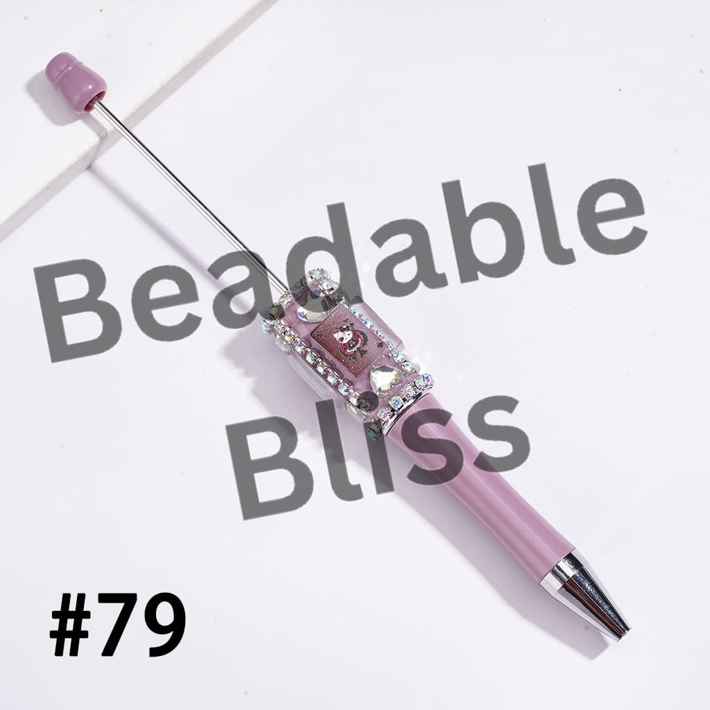 Beadable Pens w Poker-Themed Cute Cat Character Print, Shiny Clear Heart Rhinestones & AB Rhinestone Chains