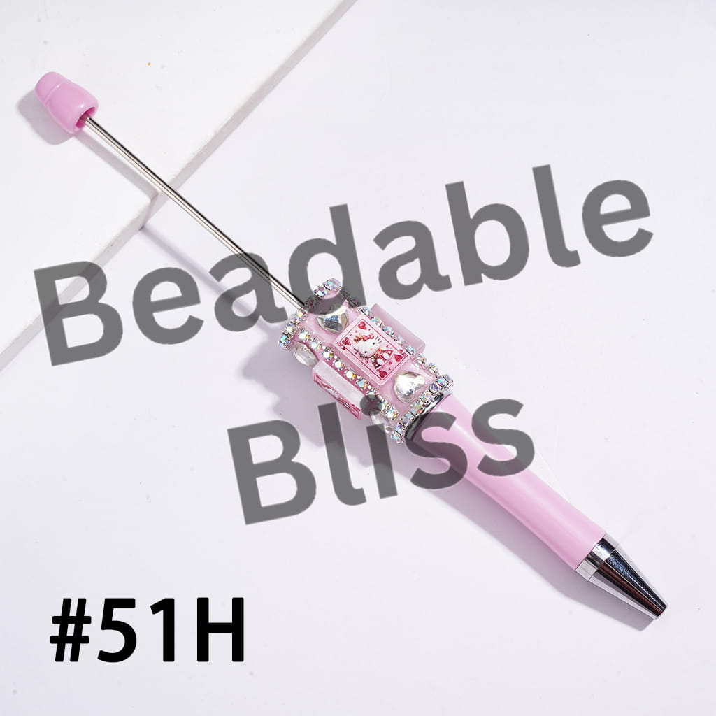 Beadable Pens w Poker-Themed Cute Cat Character Print, Shiny Clear Heart Rhinestones & AB Rhinestone Chains