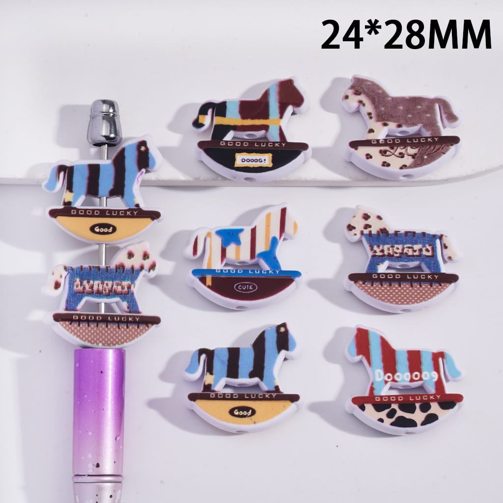 Acrylic Beads Rocking Horse with Stripe Pattern Series, 24*28MM, Multi-Color, Random Mix
