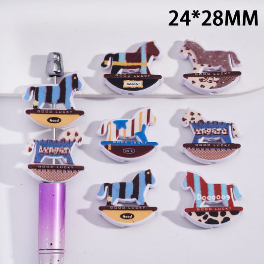 Rocking Horse with Stripe Pattern Series Acrylic Beads, 24*28MM, Multi-Color, Random Mix