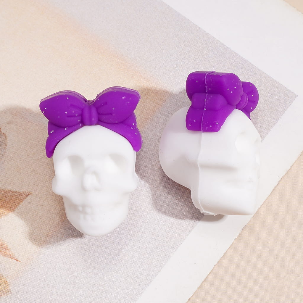 3D Halloween Skull Face Head with Mini Glitter Bow Pink Blue Marble Design Silicone Focal Bead, Assorted Colors