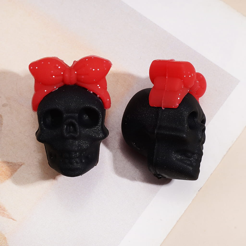 3D Halloween Skull Face Head with Mini Glitter Bow Pink Blue Marble Design Silicone Focal Bead, Assorted Colors