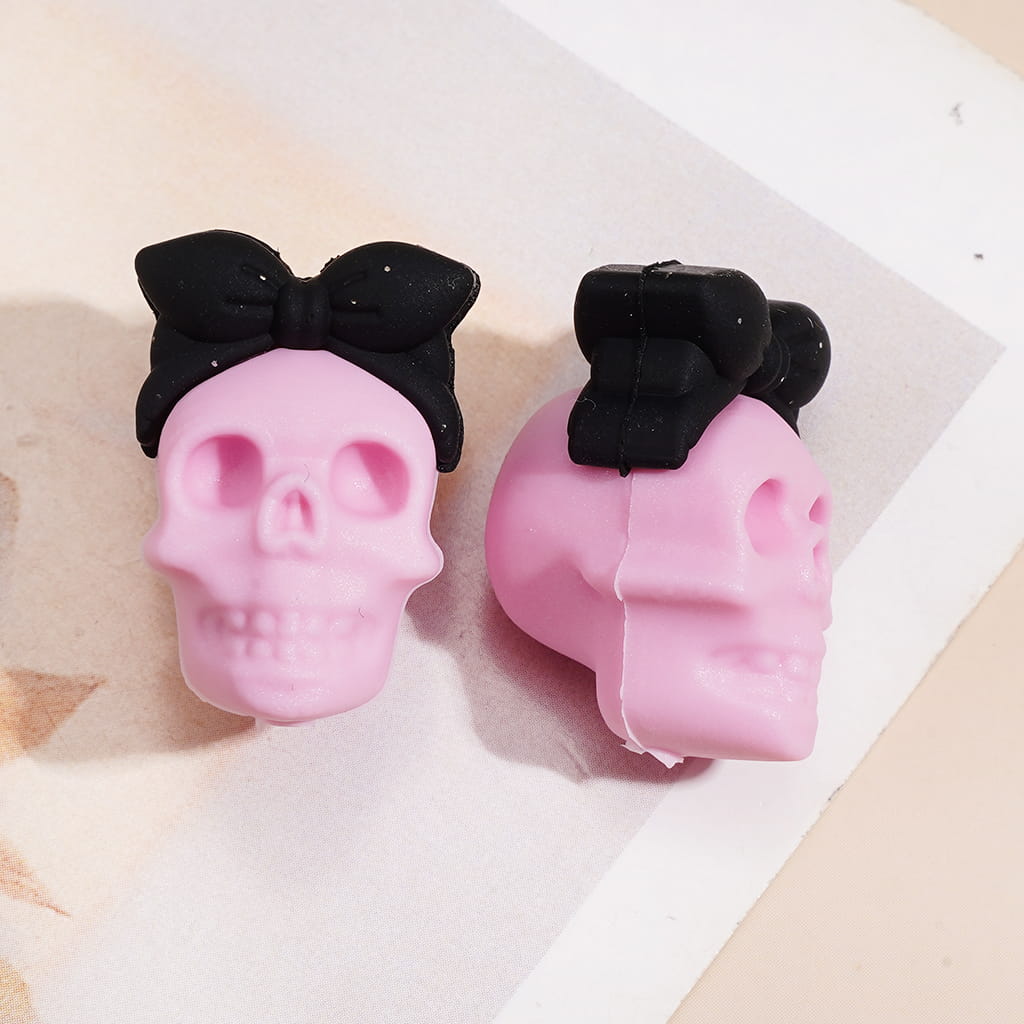 3D Halloween Skull Face Head with Mini Glitter Bow Pink Blue Marble Design Silicone Focal Bead, Assorted Colors