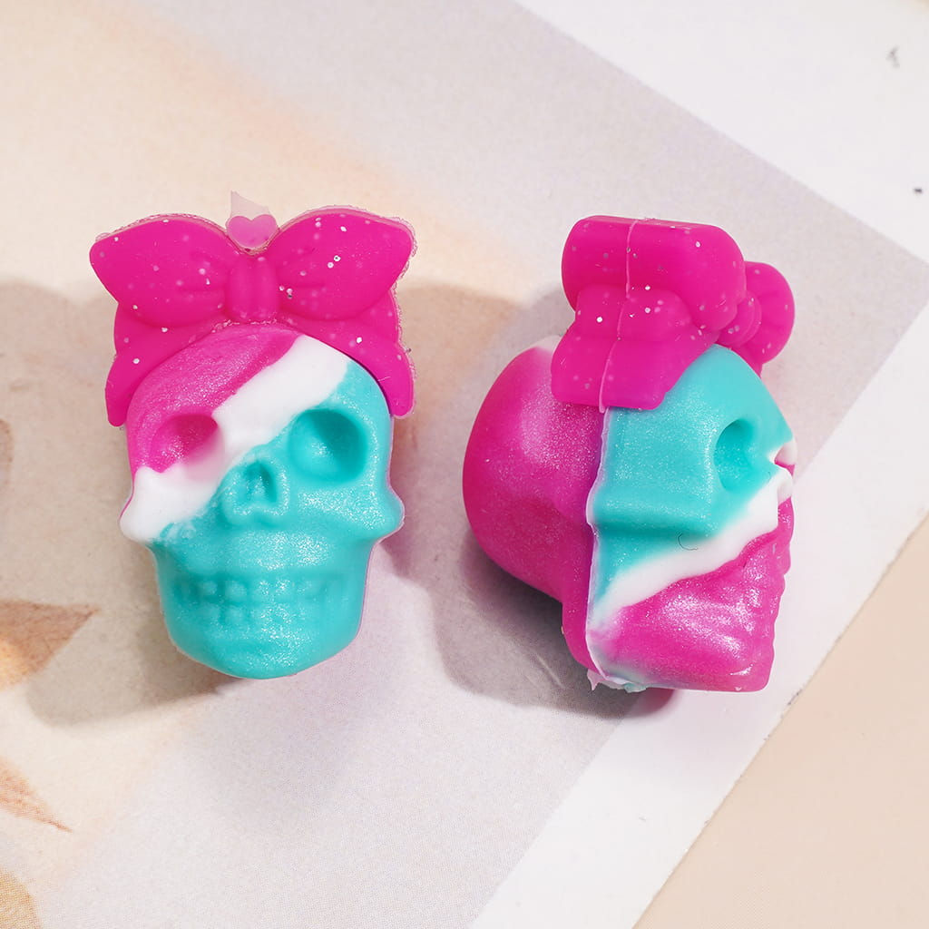 3D Halloween Skull Face Head with Mini Glitter Bow Pink Blue Marble Design Silicone Focal Bead, Assorted Colors