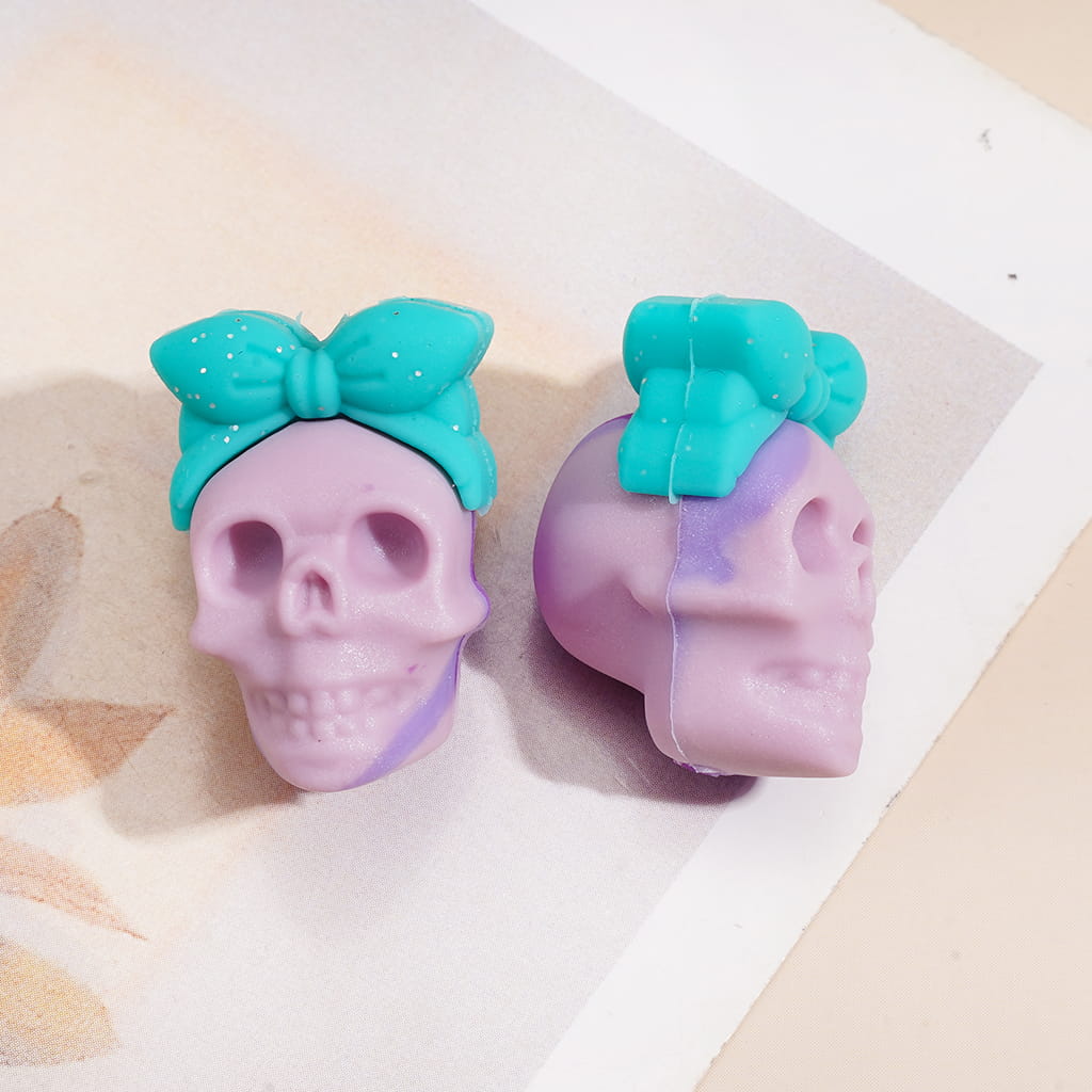 3D Halloween Skull Face Head with Mini Glitter Bow Pink Blue Marble Design Silicone Focal Bead, Assorted Colors