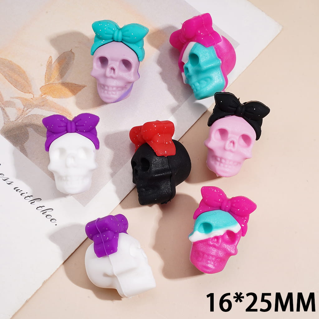 3D Halloween Skull Face Head with Mini Glitter Bow Pink Blue Marble Design Silicone Focal Bead, Assorted Colors