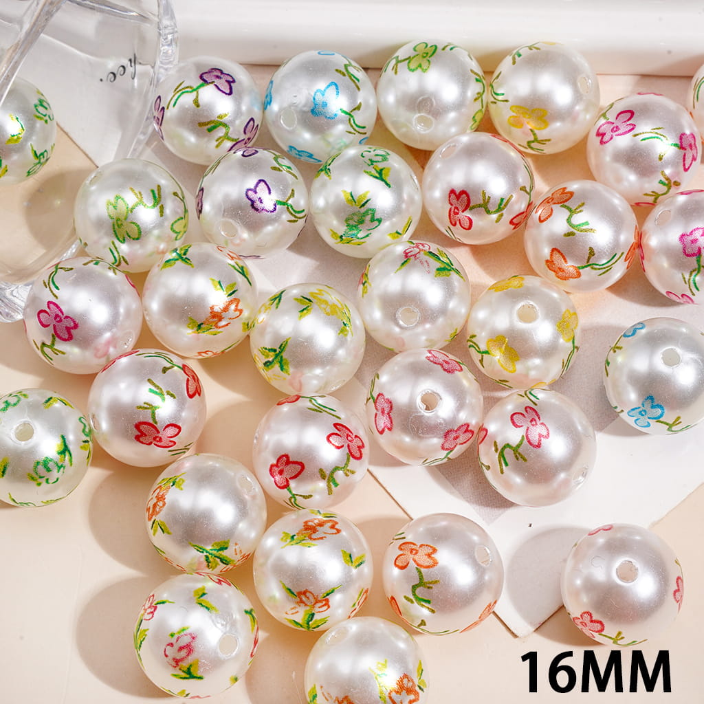 Colorful Flower Printed Round Shape Pearl Acrylic Beads for Bracelets,16MM, Random Mix