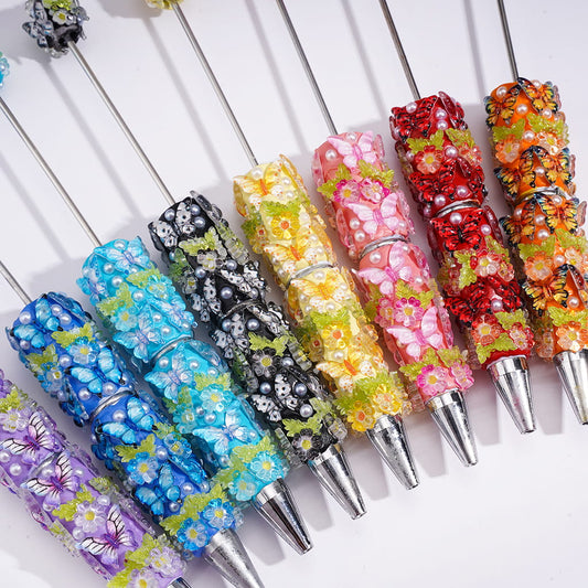 Cute Mini Butterfly Beadable Pens with Mini Flower Embellishments, Pearl Accents & Clear Rhinestone Chains, Multi-Color