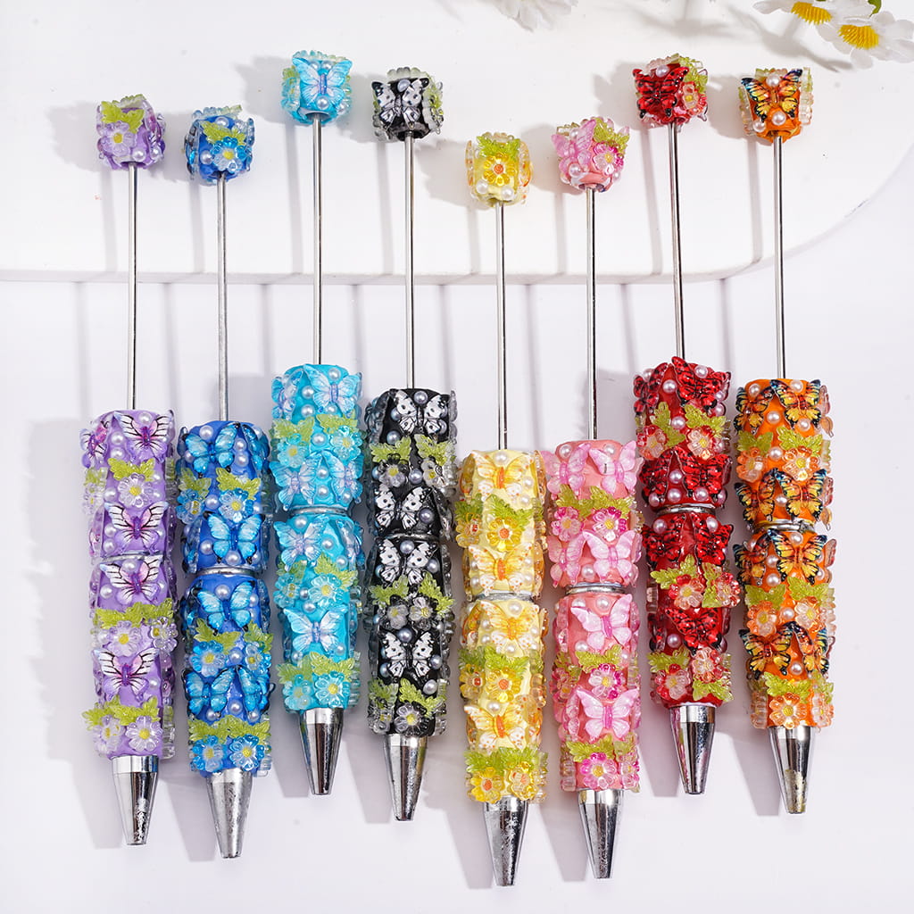 Cute Mini Butterfly Beadable Pens with Mini Flower Embellishments, Pearl Accents & Clear Rhinestone Chains, Multi-Color