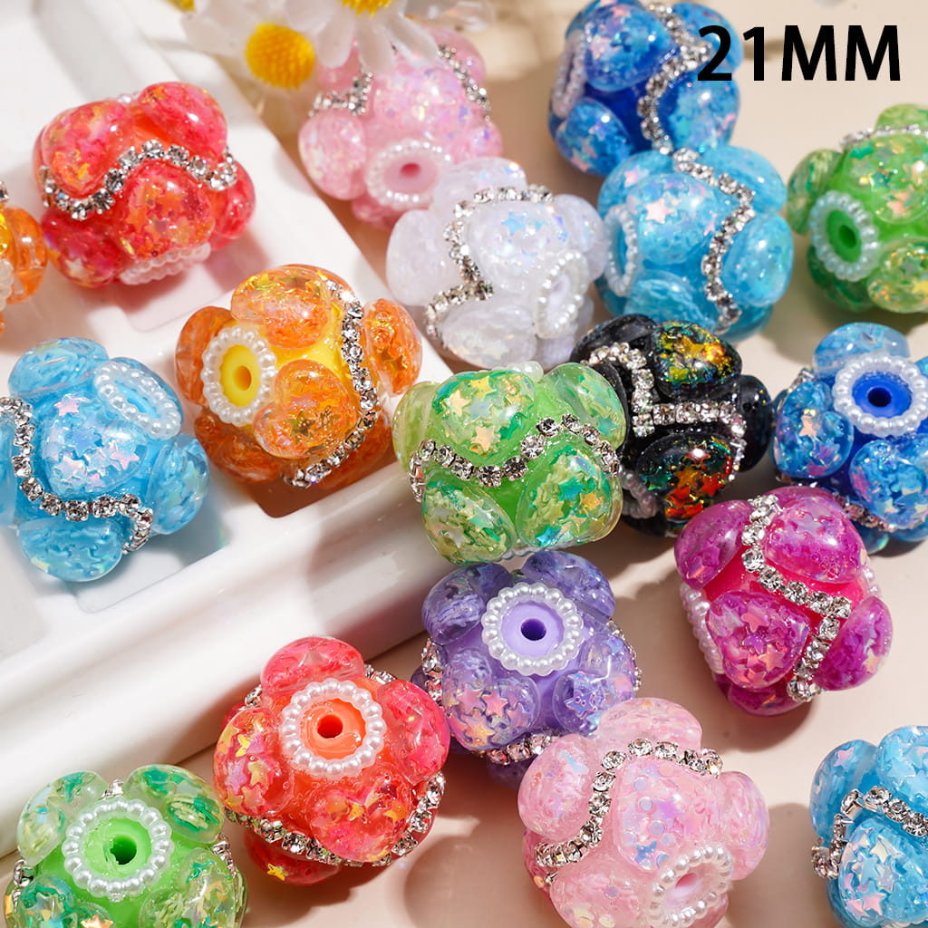 Iridescent Star Glitter, Wavy AB Rhinestone Band & Pearl Trim, Handcrafted Acrylic Beads, 21MM, Assorted Colors