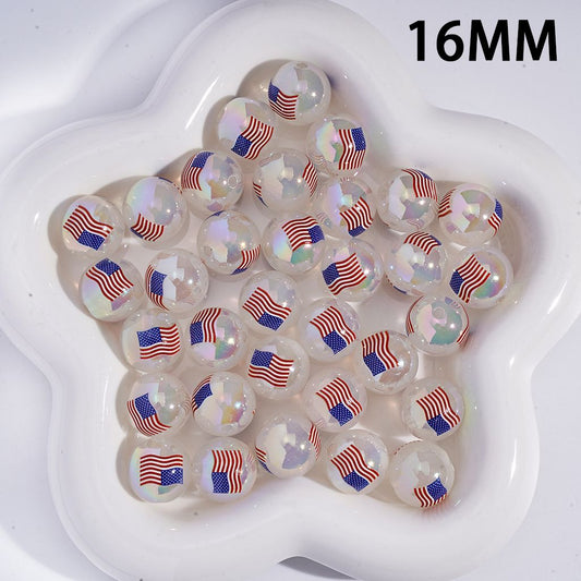 UV Coated American Flag Pattern, Round Acrylic Bracelet Beads 16MM