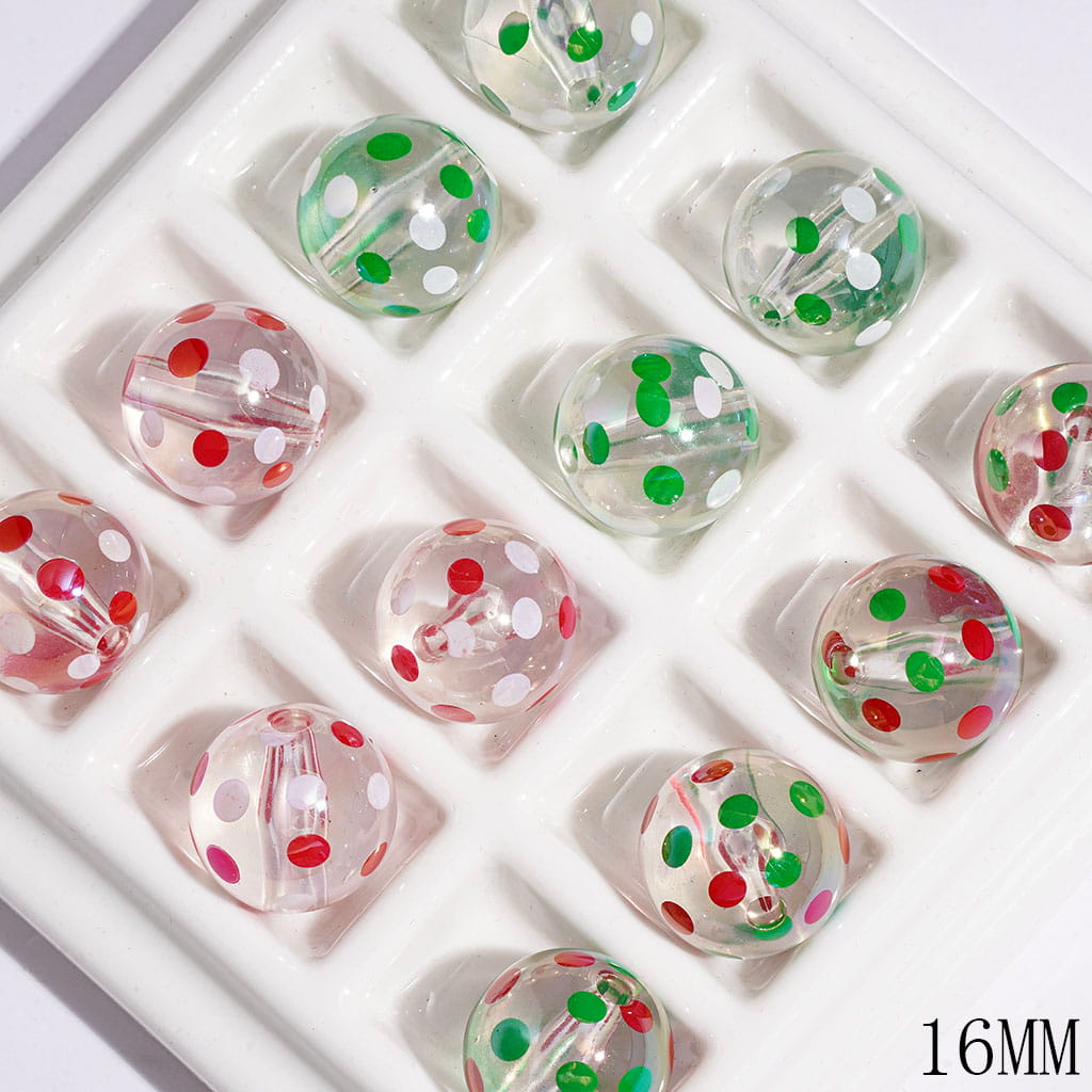 Festive Christmas Red, White & Green Polka Dot Clear Acrylic Beads for DIY Bracelets & Necklaces, Three Styles, Random Mix