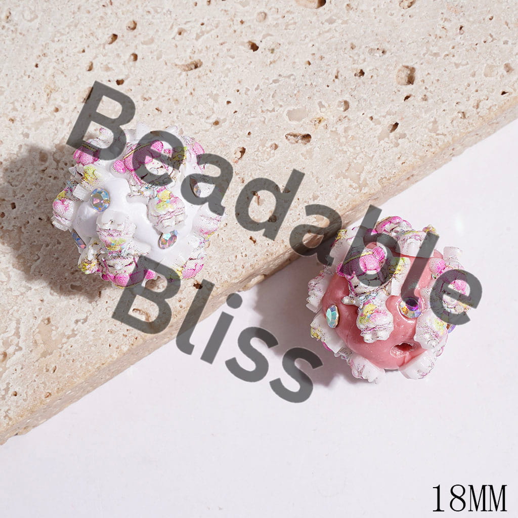 Clay Beads with Pink Haired Girl Blowing Bubbles and AB Rhinestones, 18MM, Pink and White Base, Random Mix