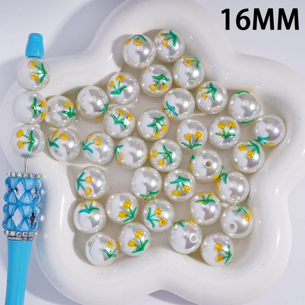 Elegant Yellow Tulip Flower Pattern Pearl White Round Acrylic Beads for Bracelets 16 mm