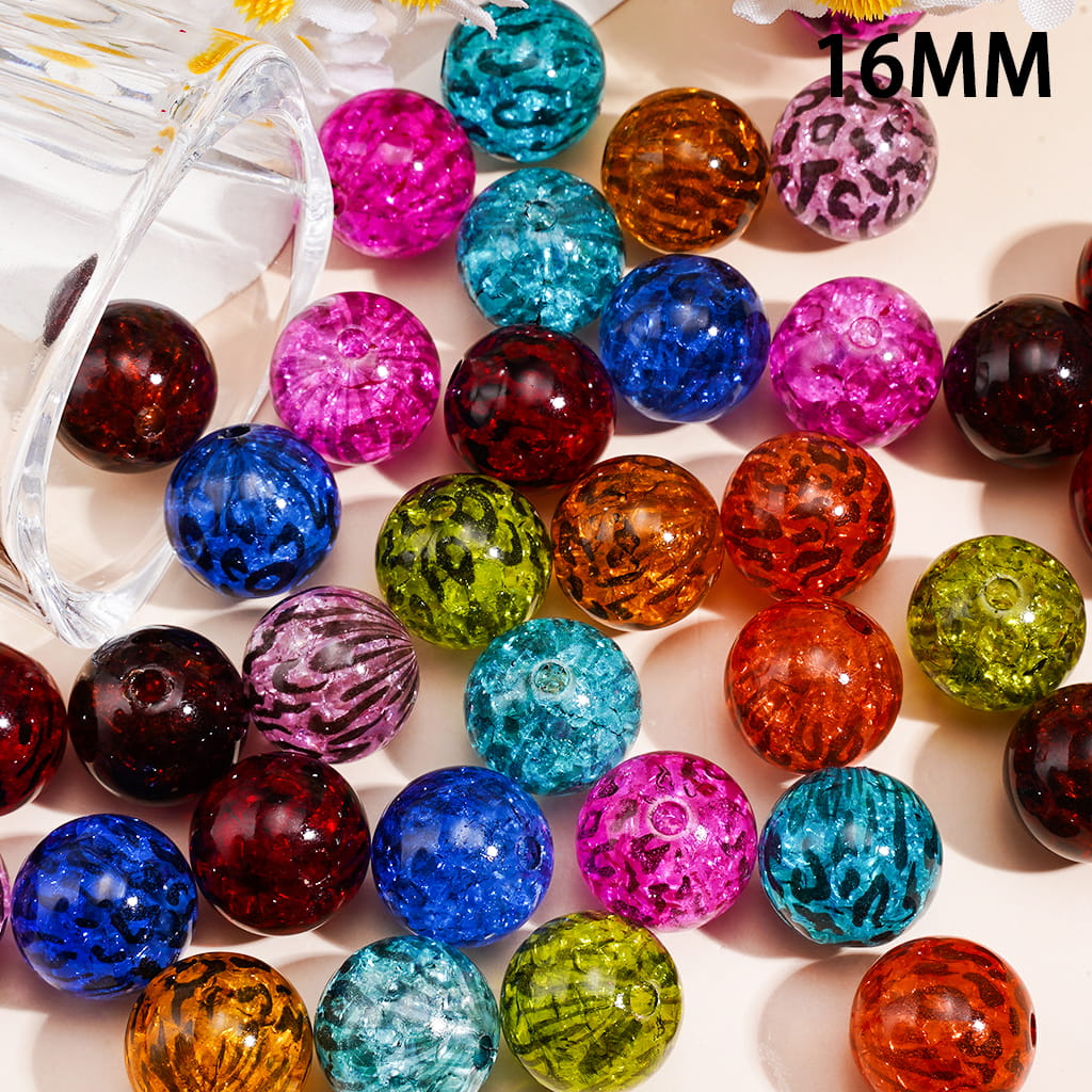 Leopard Printed Crackle Acrylic Beads for Bracelets, 16MM, Multi-Color, Random Mix