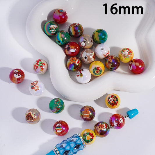 UV Coated Multi‑Color Christmas Theme Design print Round Acrylic Beads 16mm Random Mix