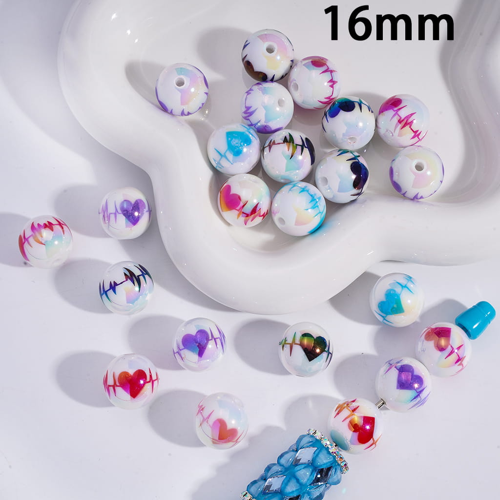 UV Coating with Heartbeat Circuit Diagram Series, Acrylic Beads for Bracelets 16MM, Random Mix