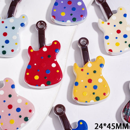 Colorful Polka Dot Musical Guitar Acrylic Beads & Pendants with Angled Holes, 24*45MM, Multicolor Random Mix
