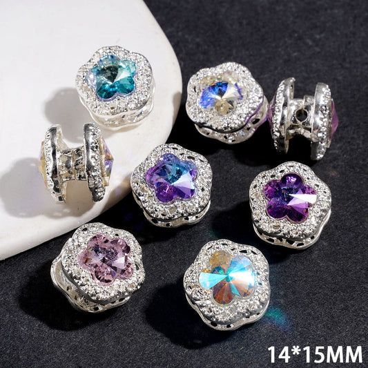 Sparkling Flower-Shaped Rhinestone Silver Metal Beads, 14*15MM, Multicolor Random Mix