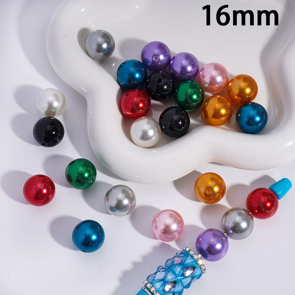 Assorted colored beads on a white dish with '16mm' text.
