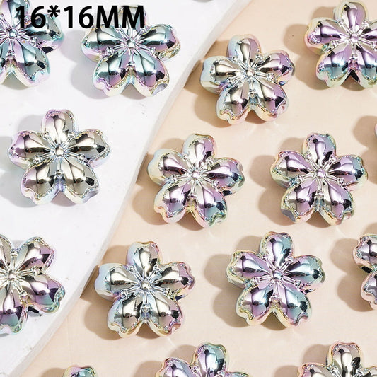 Silver Metallic Sakura Flower Acrylic Beads with Laser Galaxy Iridescent Holographic AB Finish, 16×16MM