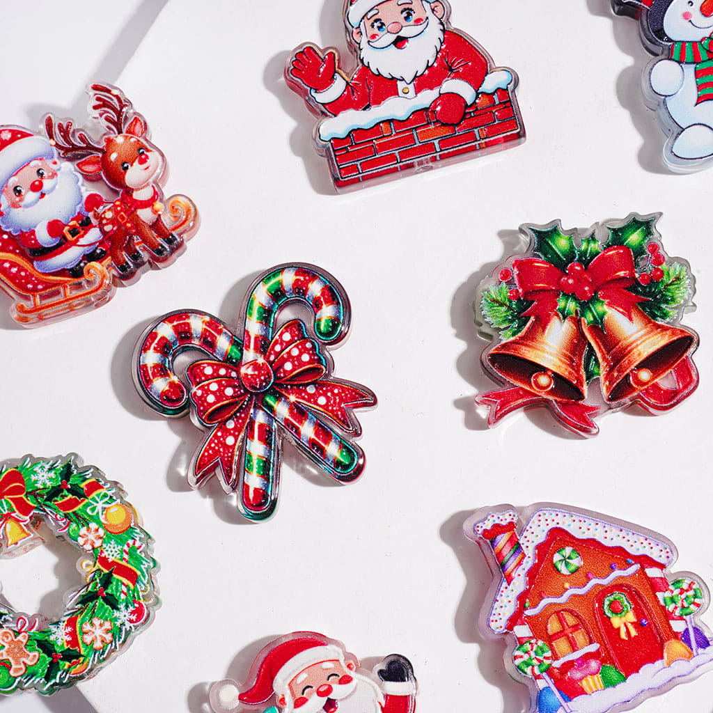 Festive Holiday Santa Claus, Reindeer, Christmas Tree, Snowman, Candy Cane & Gingerbread Man Christmas Theme Acrylic Beads, Random Mix