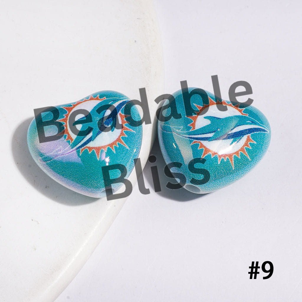 UV-Coated Acrylic Beads Heart with American Football Team Series, 18*20MM