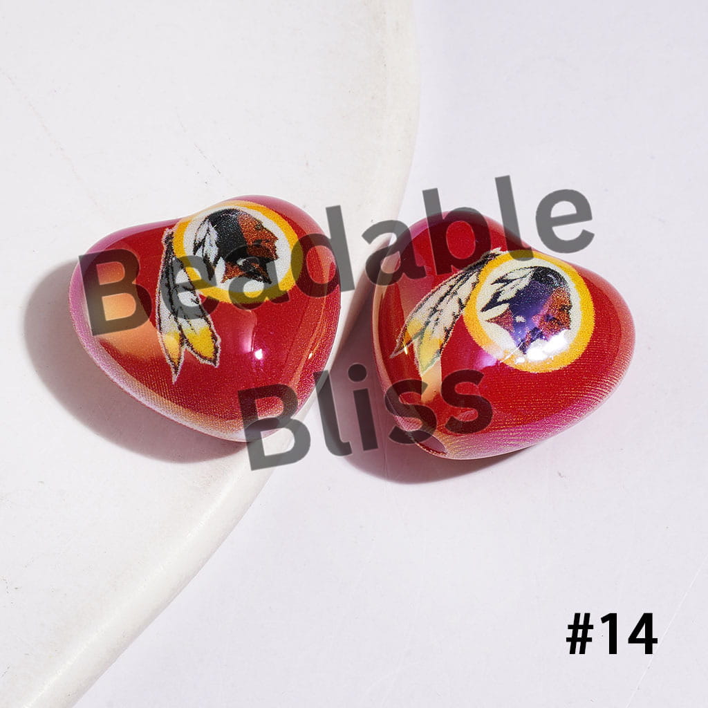 UV-Coated Acrylic Beads Heart with American Football Team Series, 18*20MM