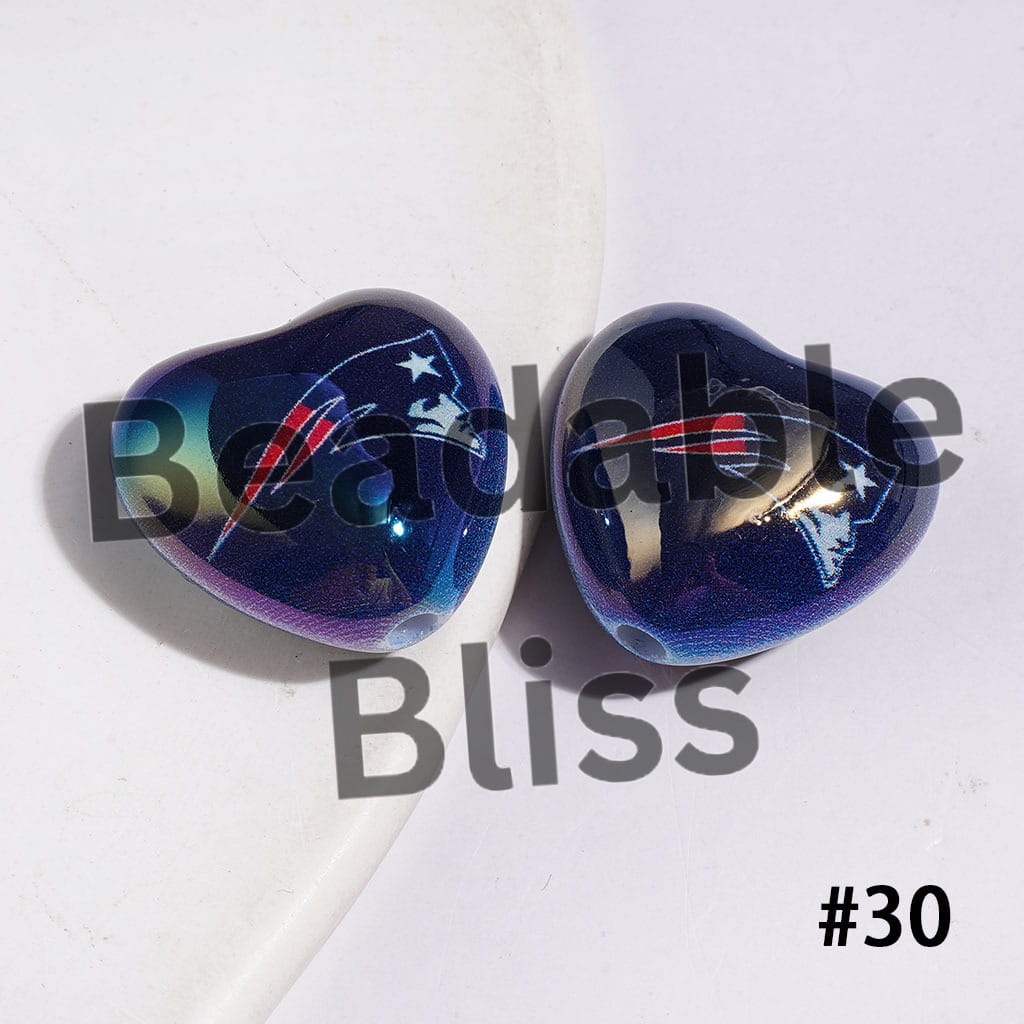 UV-Coated Acrylic Beads Heart with American Football Team Series, 18*20MM