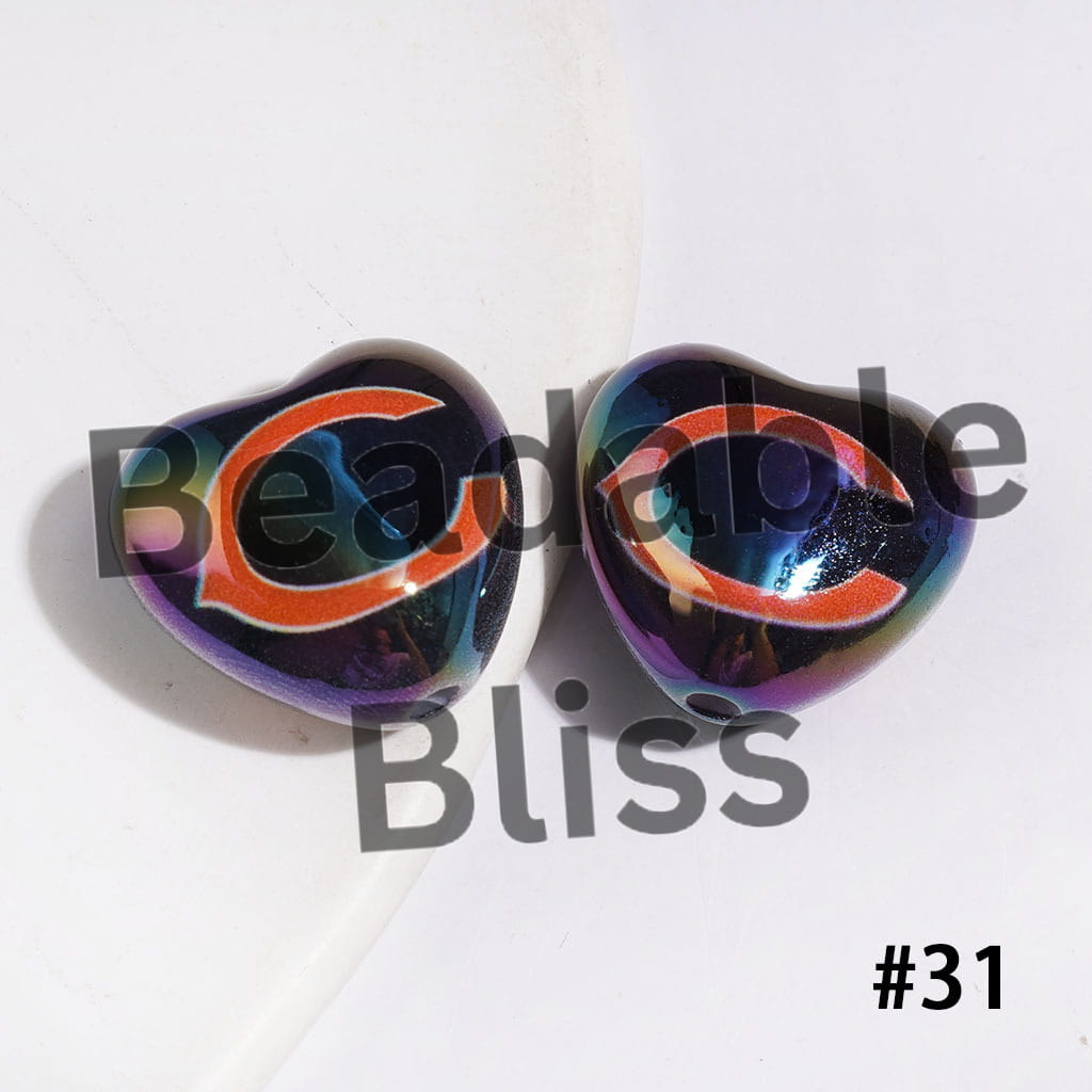 UV-Coated Acrylic Beads Heart with American Football Team Series, 18*20MM