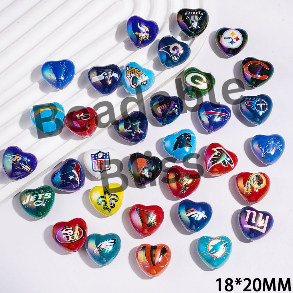 UV-Coated Acrylic Beads Heart with American Football Team Series, 18*20MM