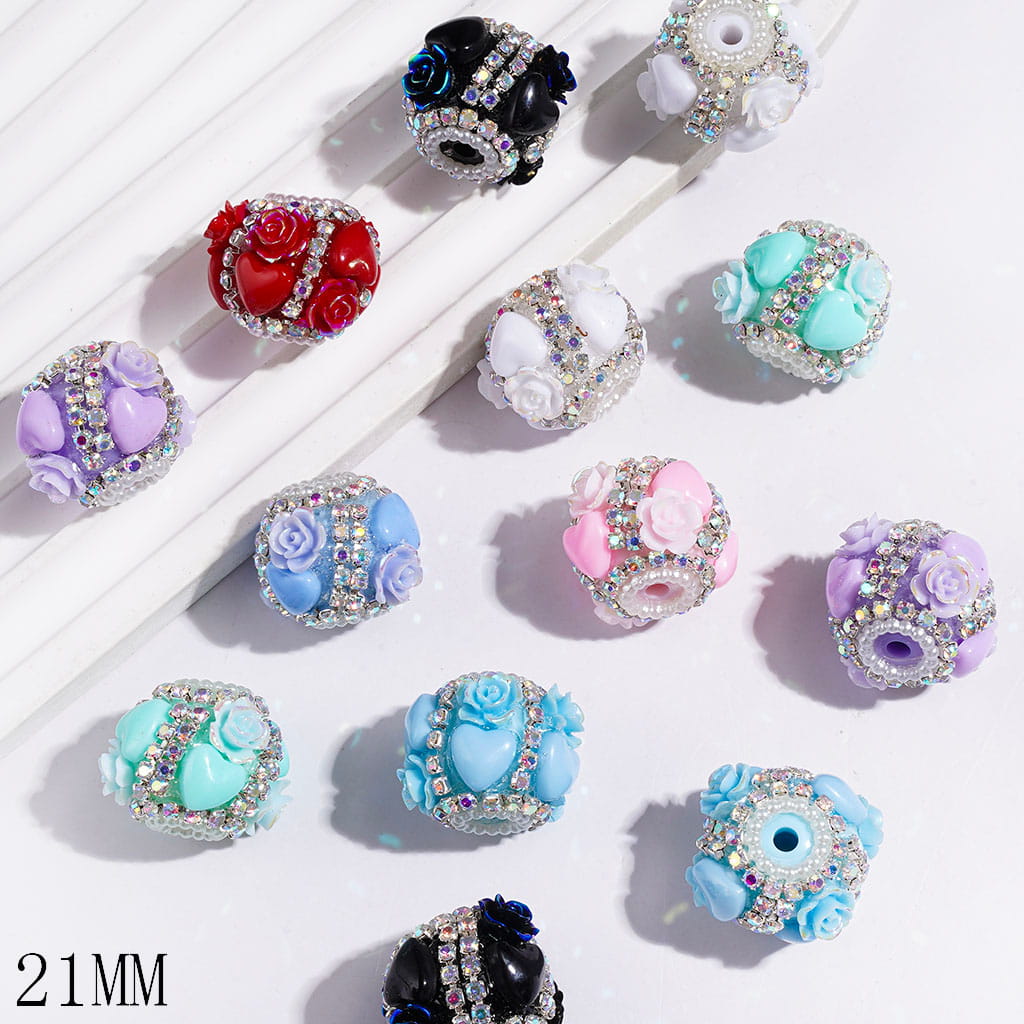 Handmade Acrylic Beads with UV-Coated Rose Flowers and Heart, White Pearl and AB Rhinestone Chains, 21MM, Multi-Color, Random Mix