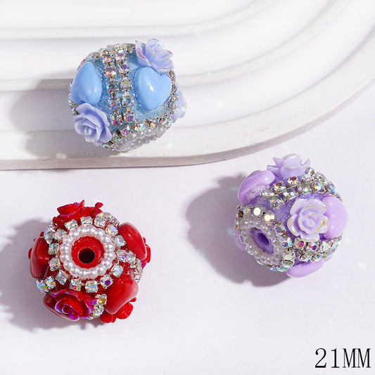UV-Coated Romantic Rose Flower & Heart with White Pearl and AB Rhinestone Chains Handmade Acrylic Beads, 21MM, Multicolor Random Mix