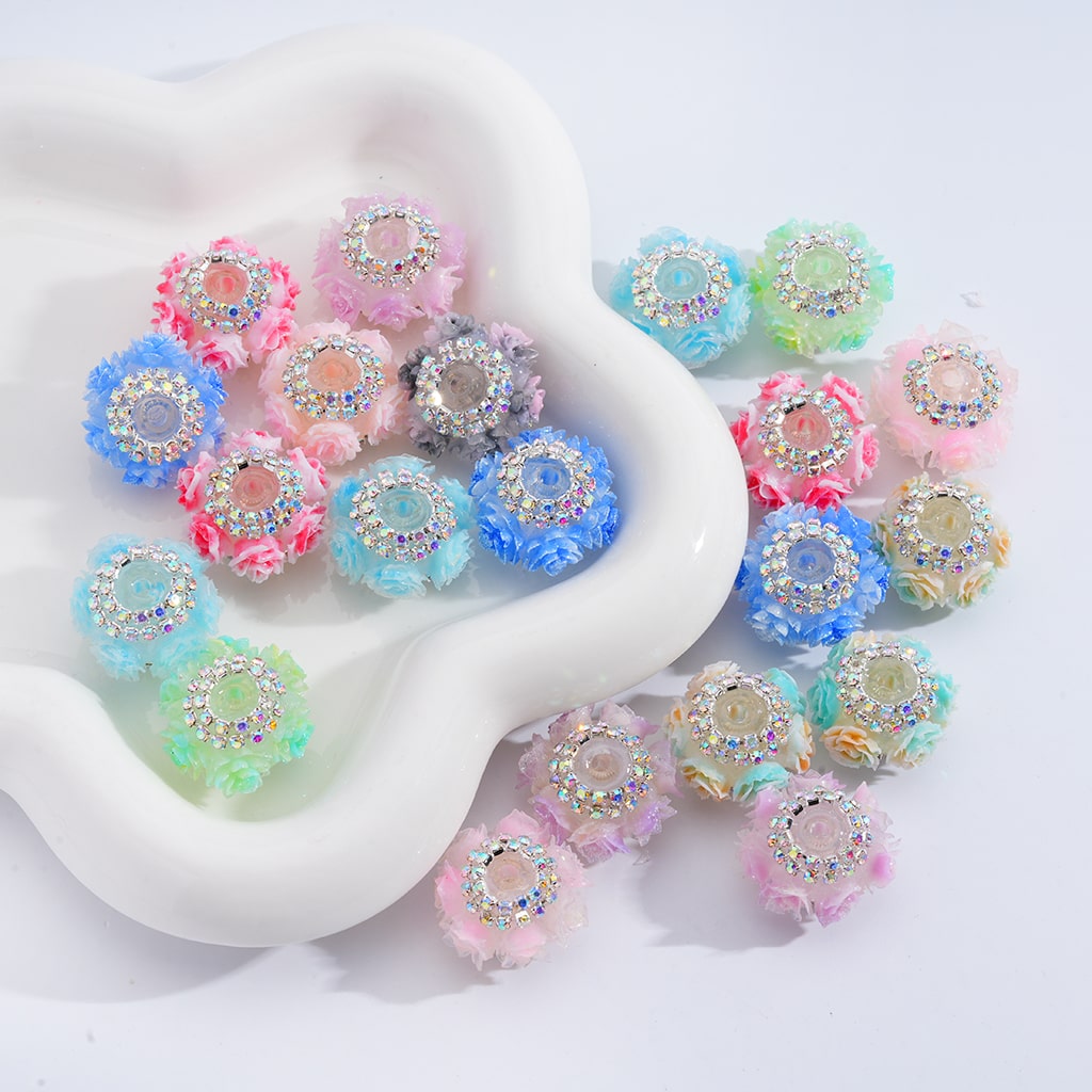Glitter Flower Design with AB Rhinestones & Chains Multi-Color Acrylic Beads 22*16MM, Random Mix