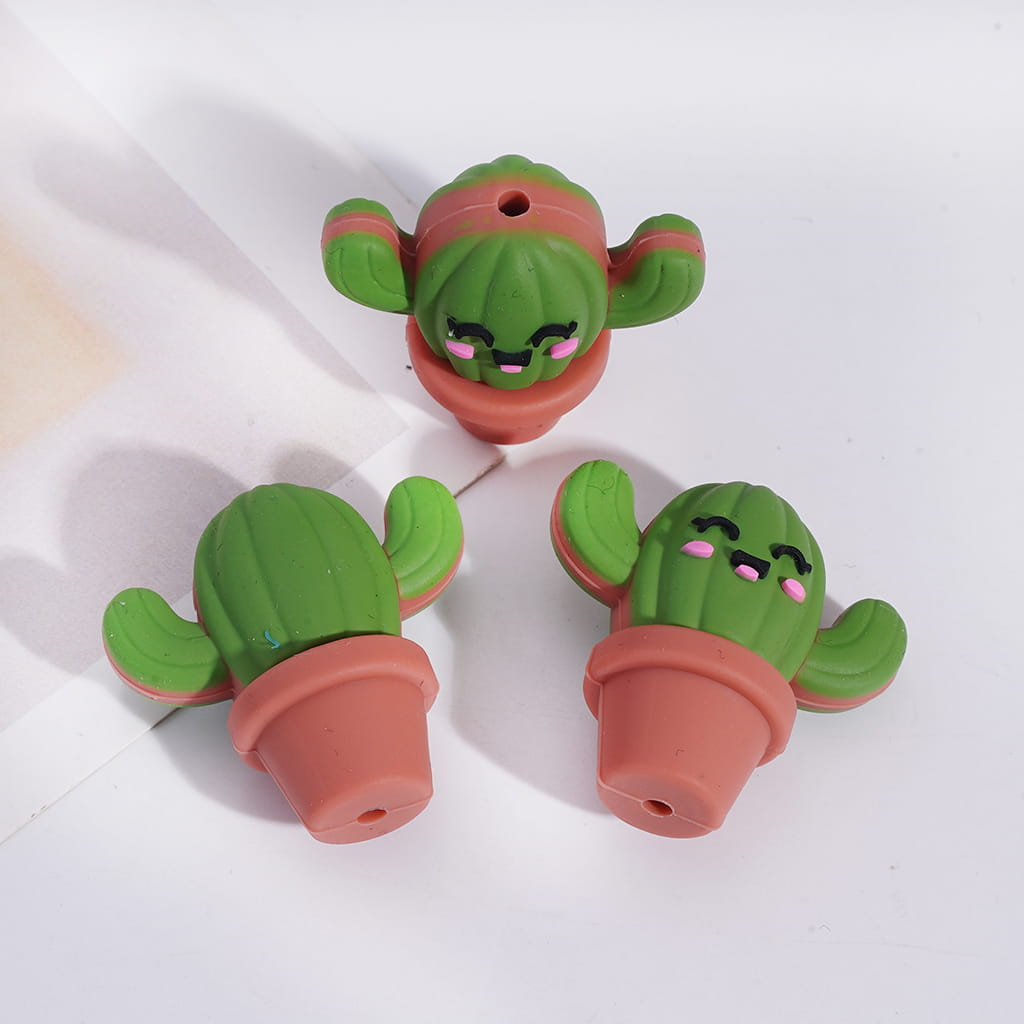 Cute Cactus Dark  Smiling Face and Bright Green Plant Silicone Focal Beads